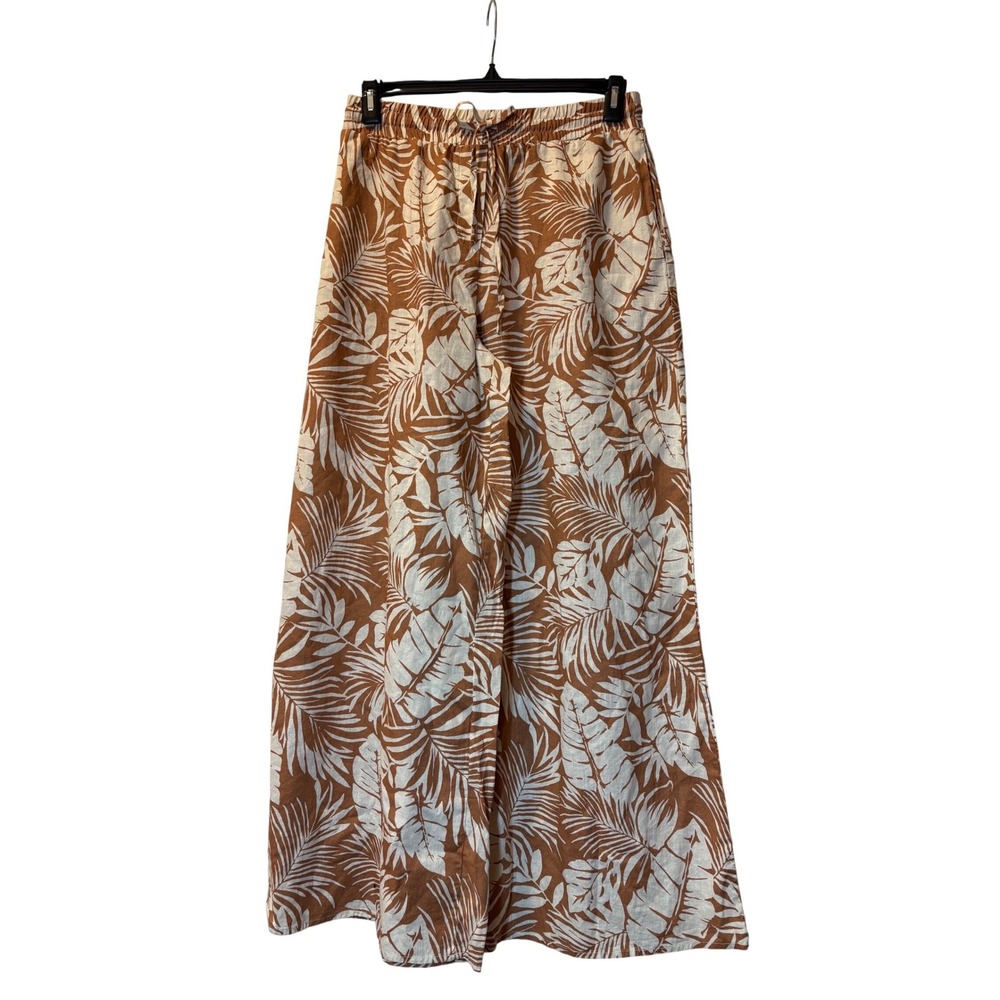 Forever 21 Linen Blend Tropical Palm Print Wide Leg Pants Rust Brown Size Large